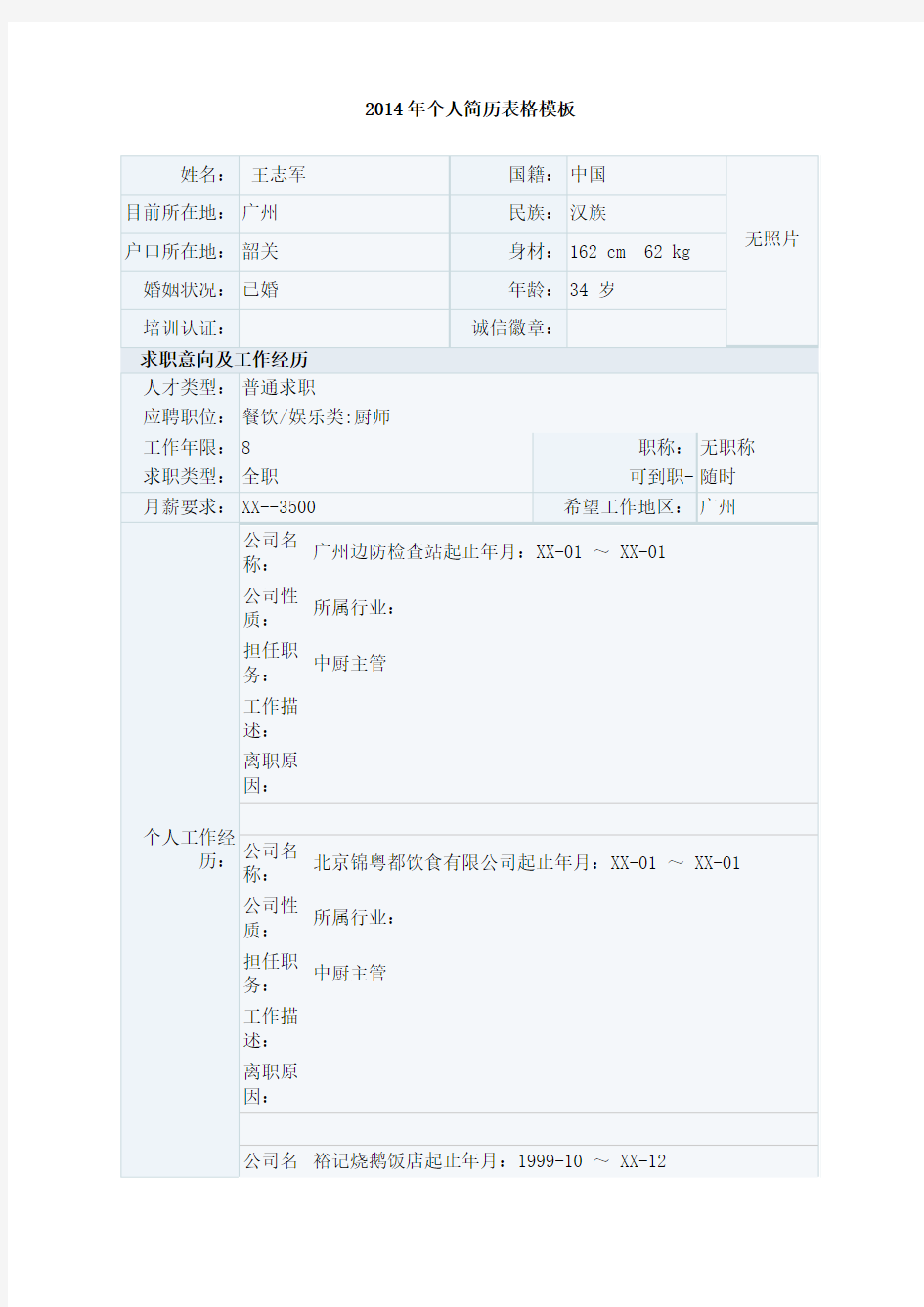 2014年个人简历表格模板