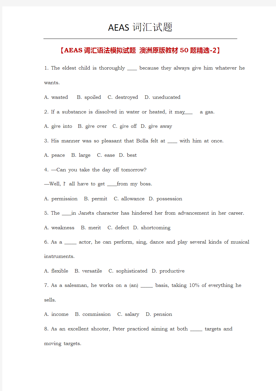 AEAS词汇语法模拟试题-澳洲原版教材50题精选-2