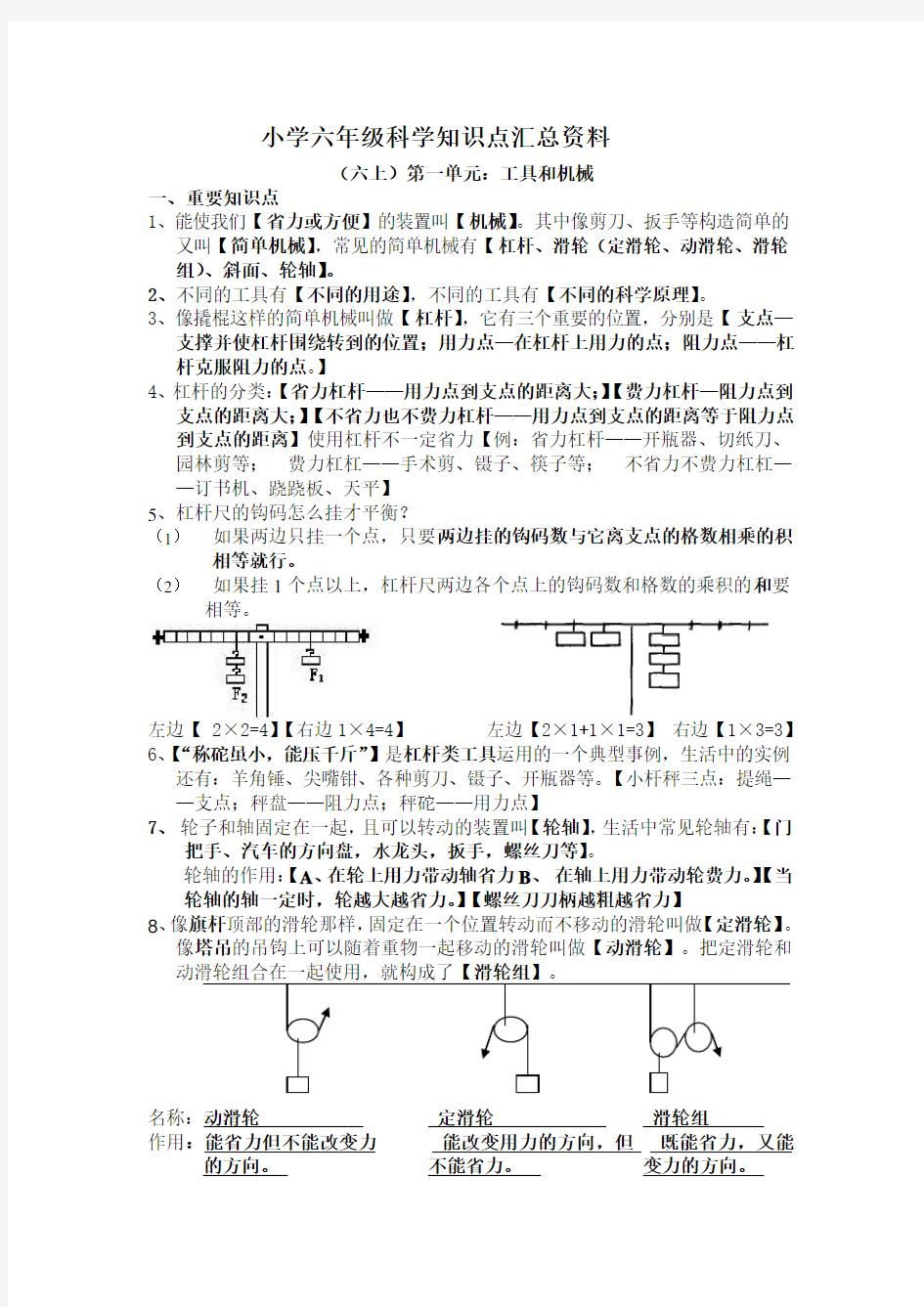 小学六年级科学知识点总汇资料