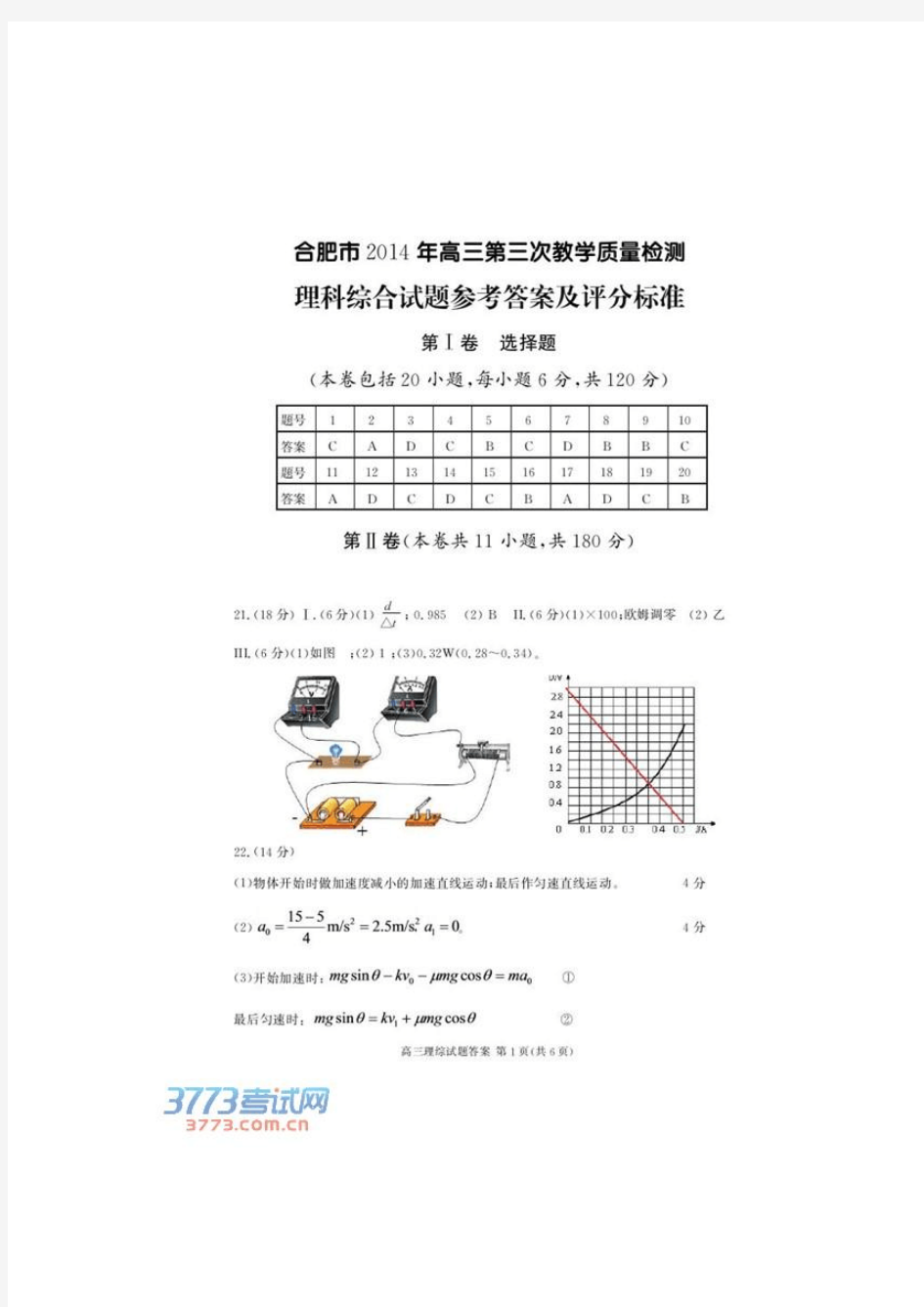 2014合肥三模理综答案