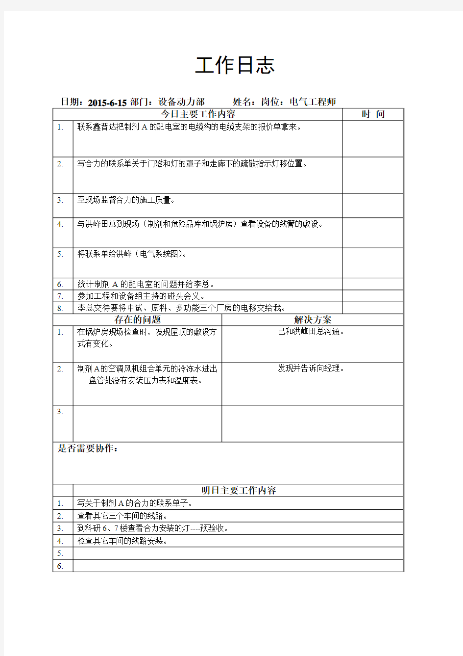 电气工作日志2015.6.15