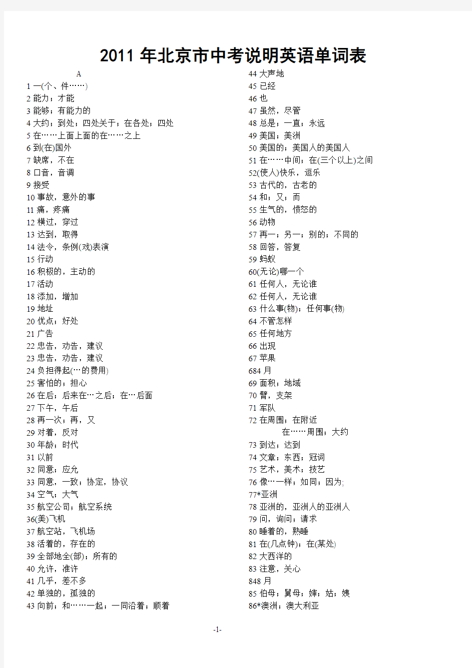 2011年北京市中考说明单词表中文