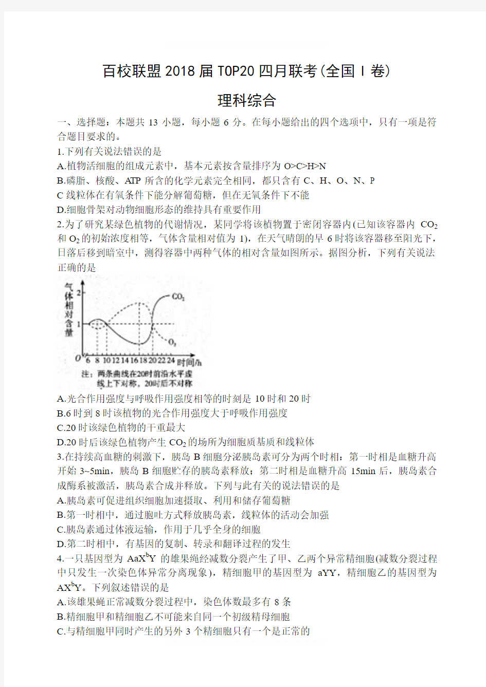 百校联盟2018届TOP20四月联考全国I卷理综生物word