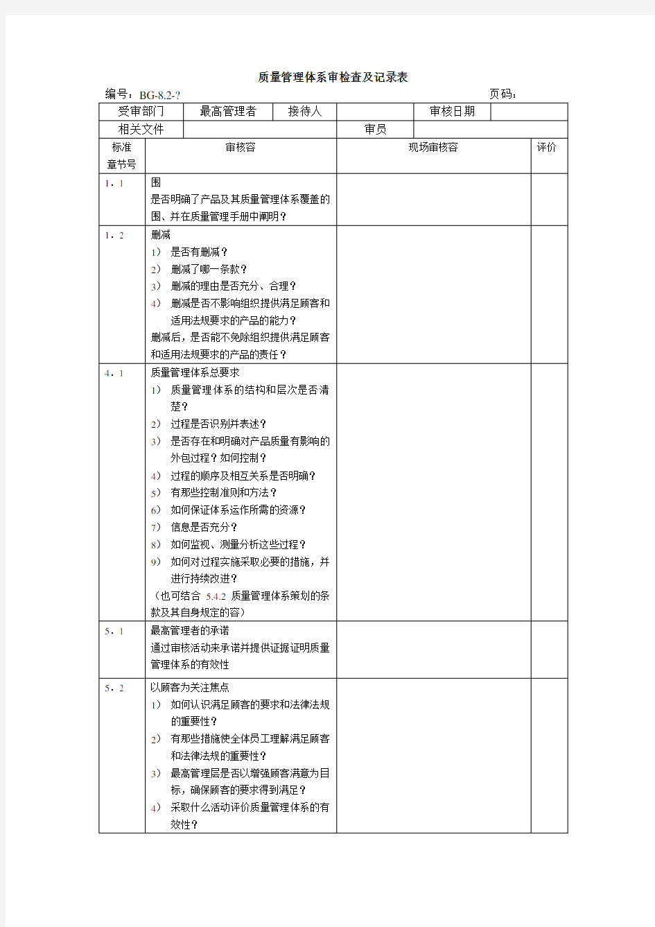 质量管理体系内审检查与记录文稿表(范文)