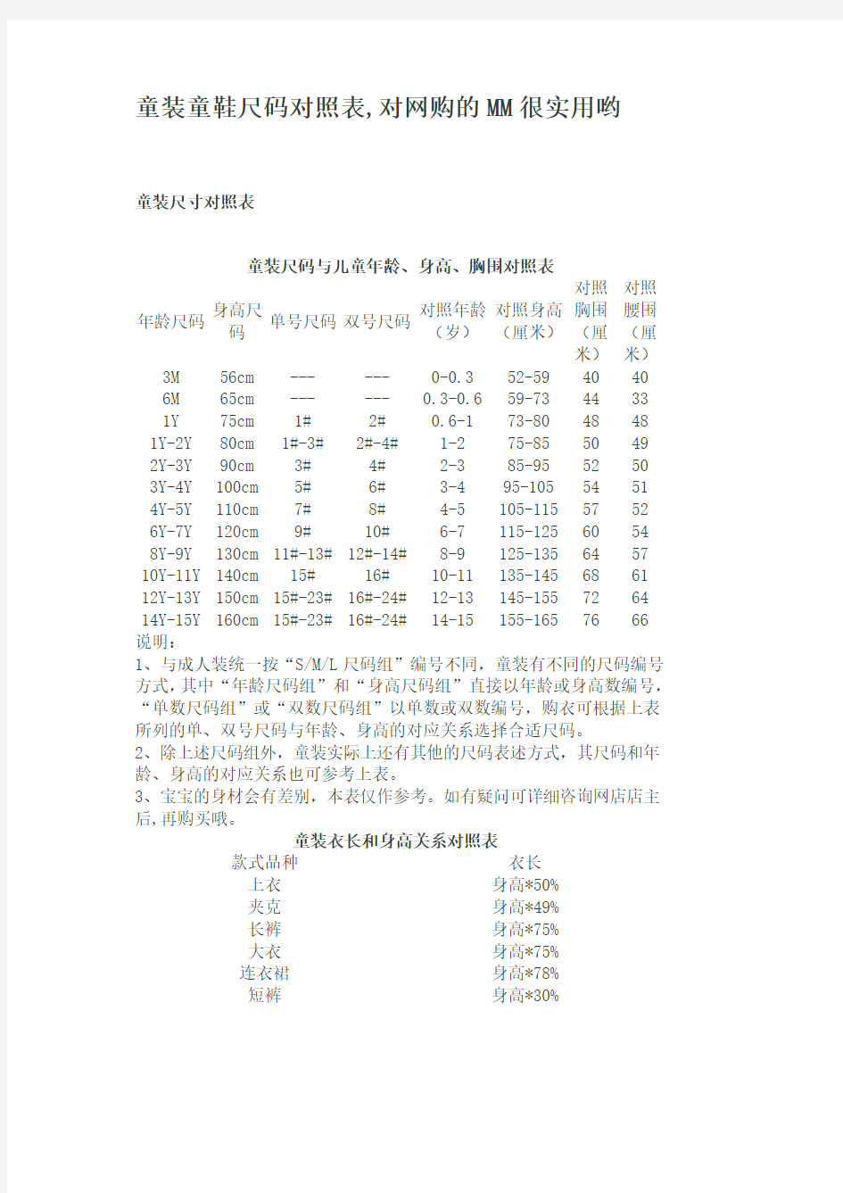 童装童鞋尺码对照