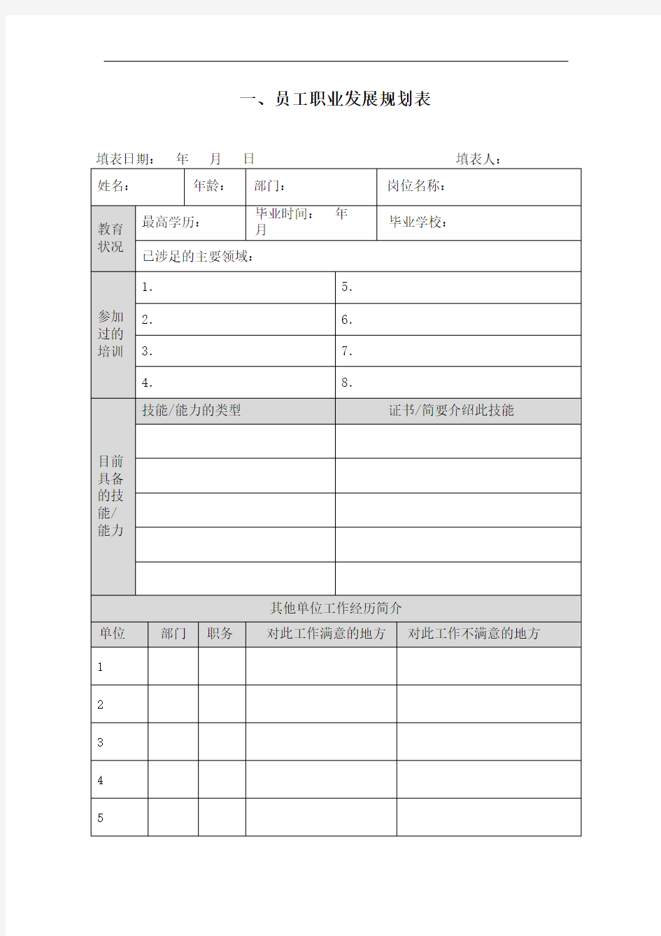 员工职业发展规划填写表