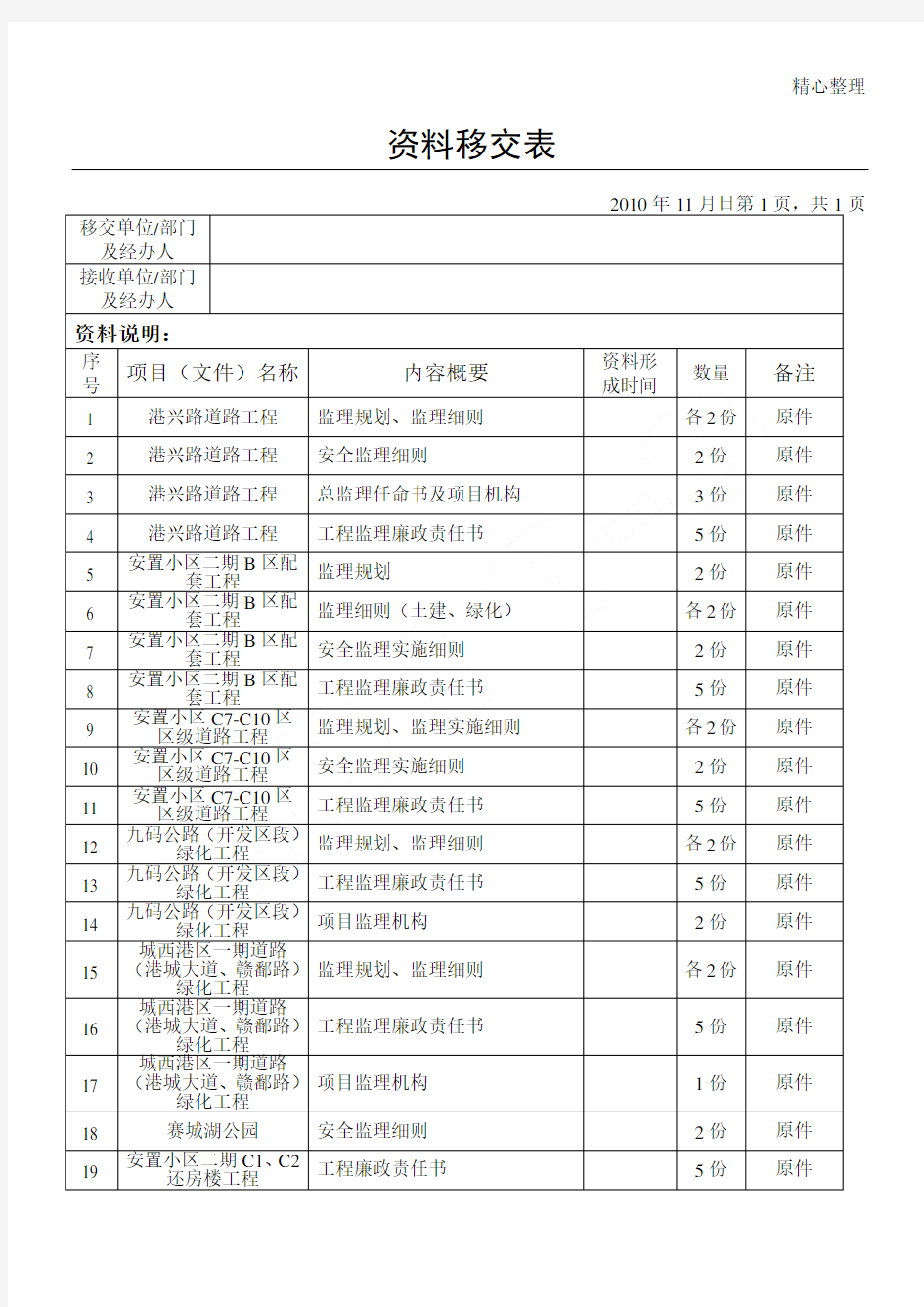 资料移交(签收)表格模板