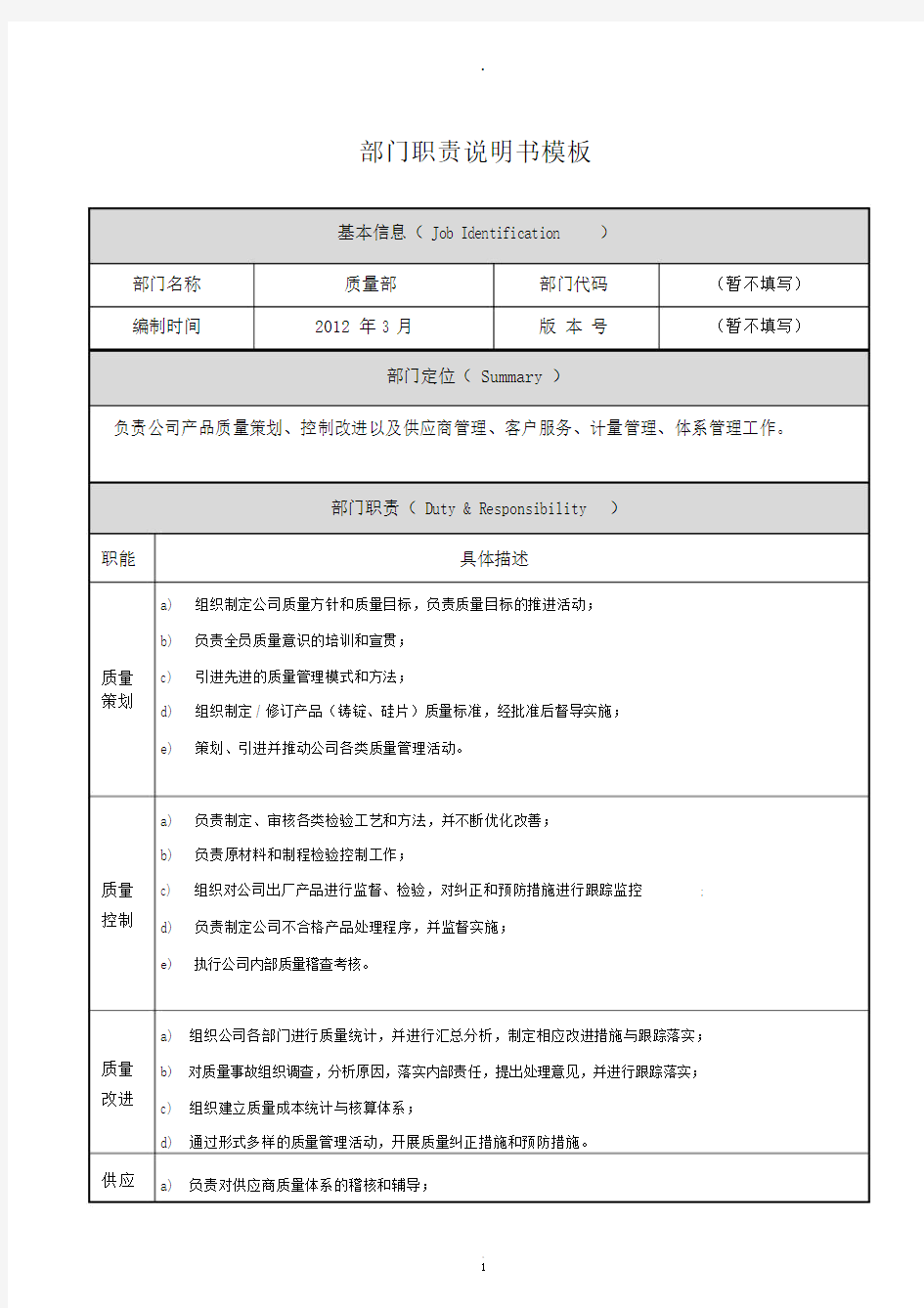 质量部岗位职责说明书