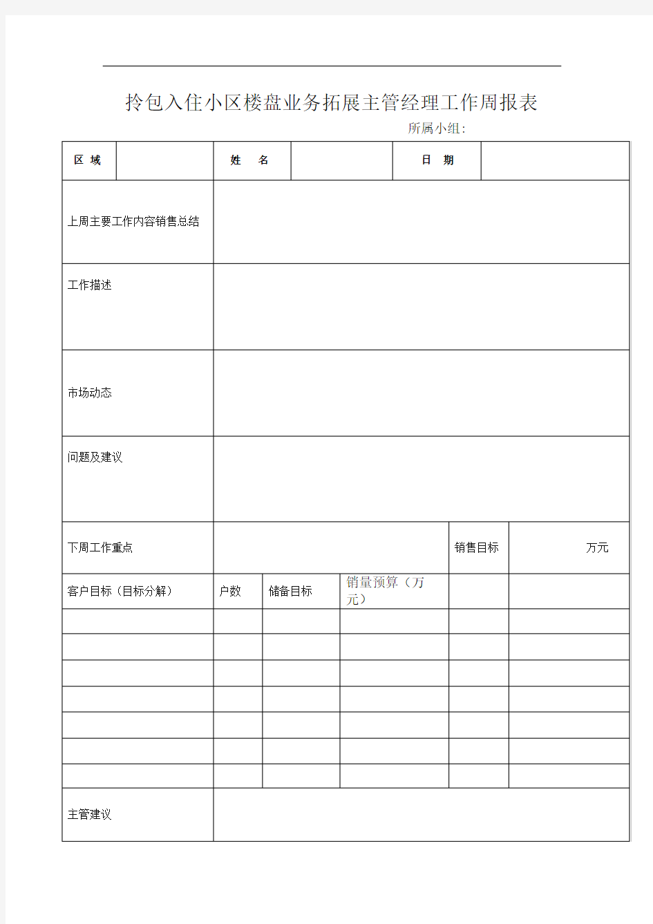 拎包入住小区楼盘业务拓展主管经理工作周报表