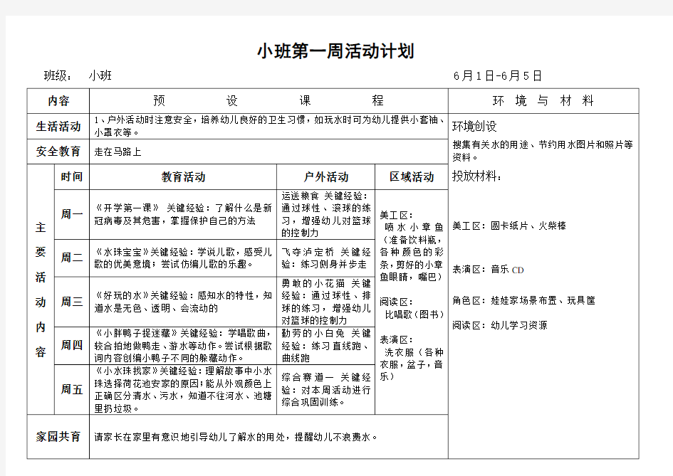 小班下第一周周计划