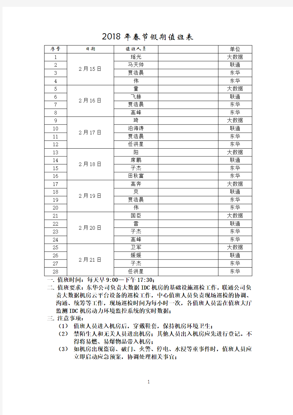 春节假期值班表及应急救援预案