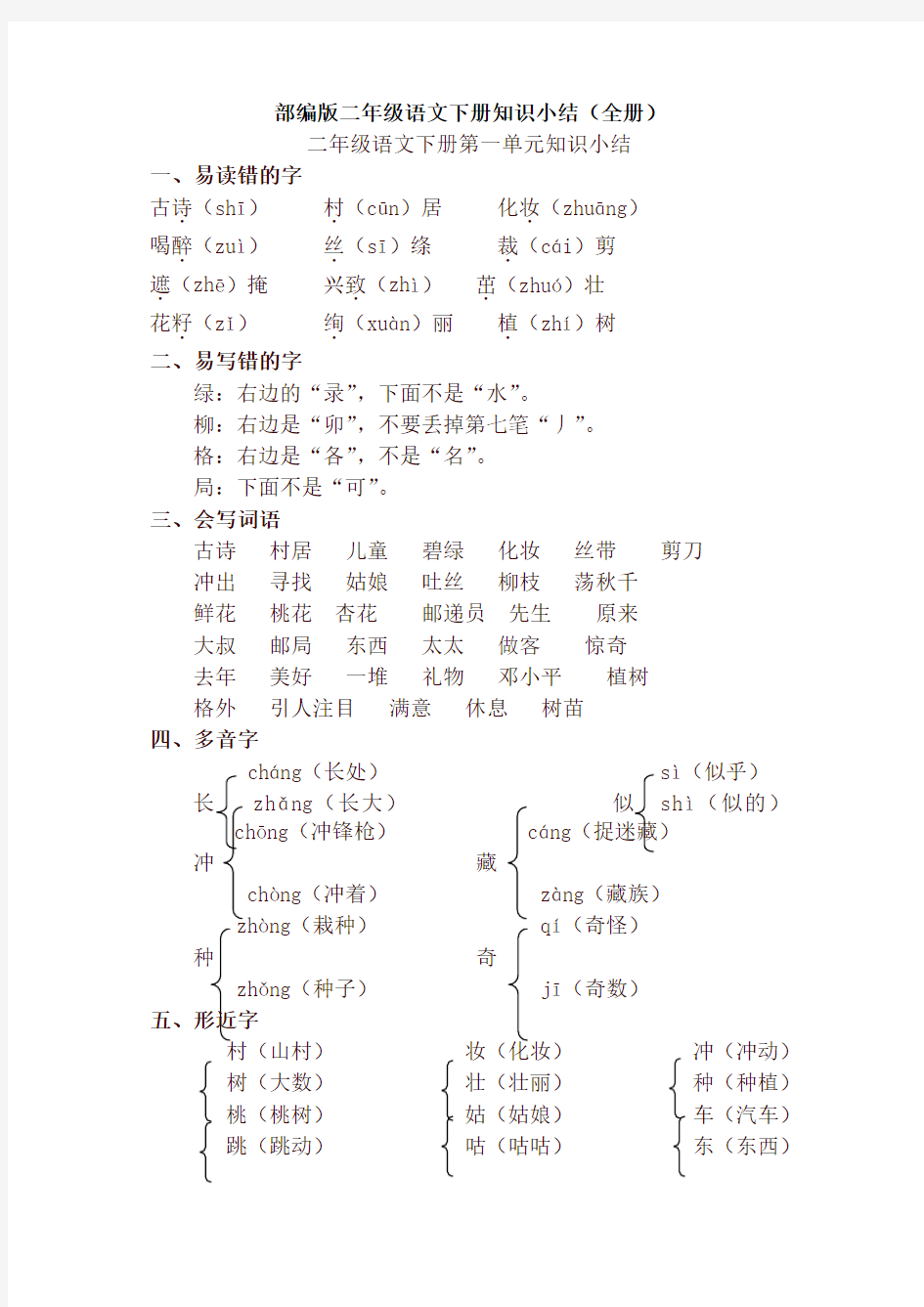 2020最新部编版二年级语文下册知识点总结(全册)