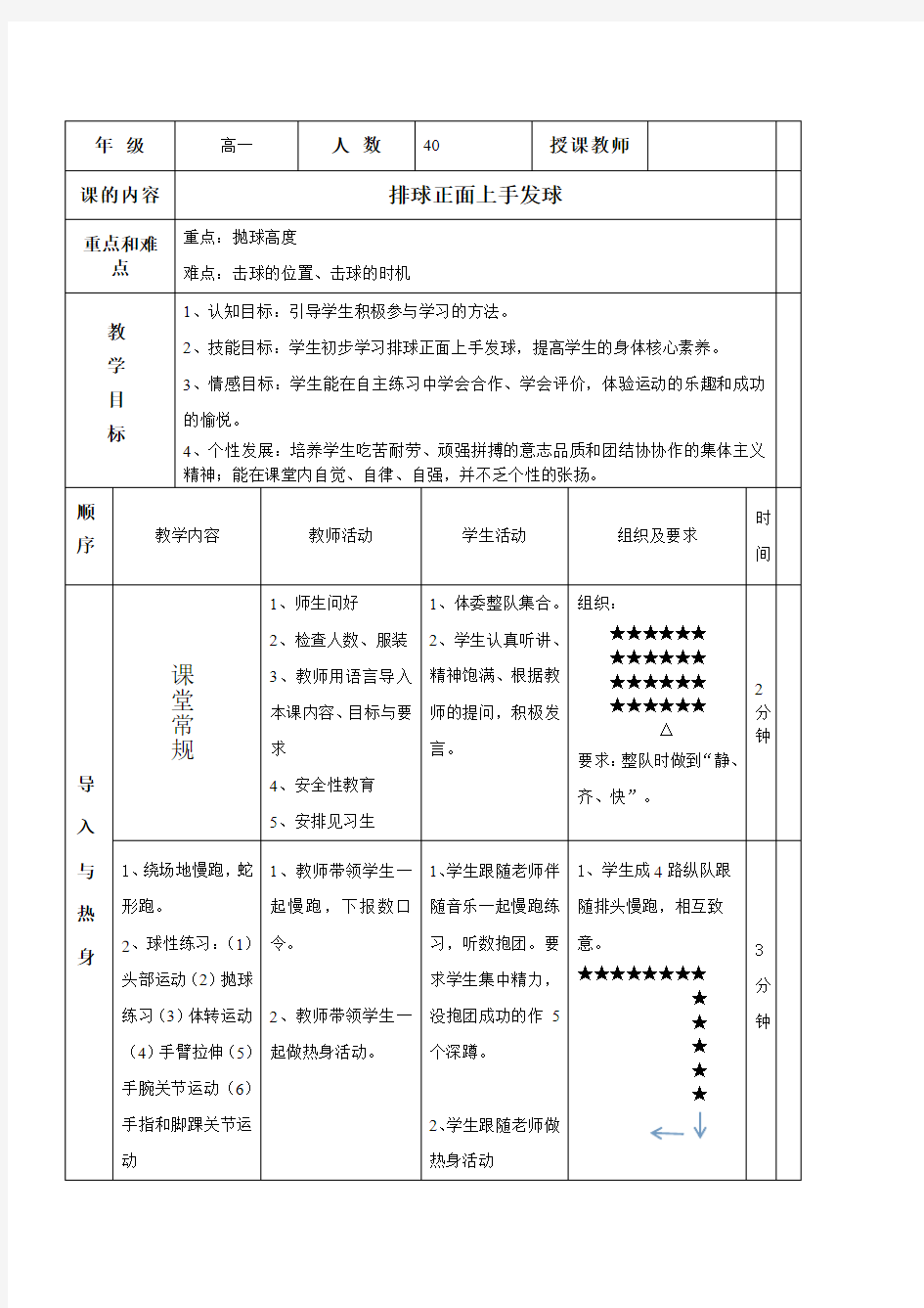 高中体育_排球：正面上手发球教学设计学情分析教材分析课后反思