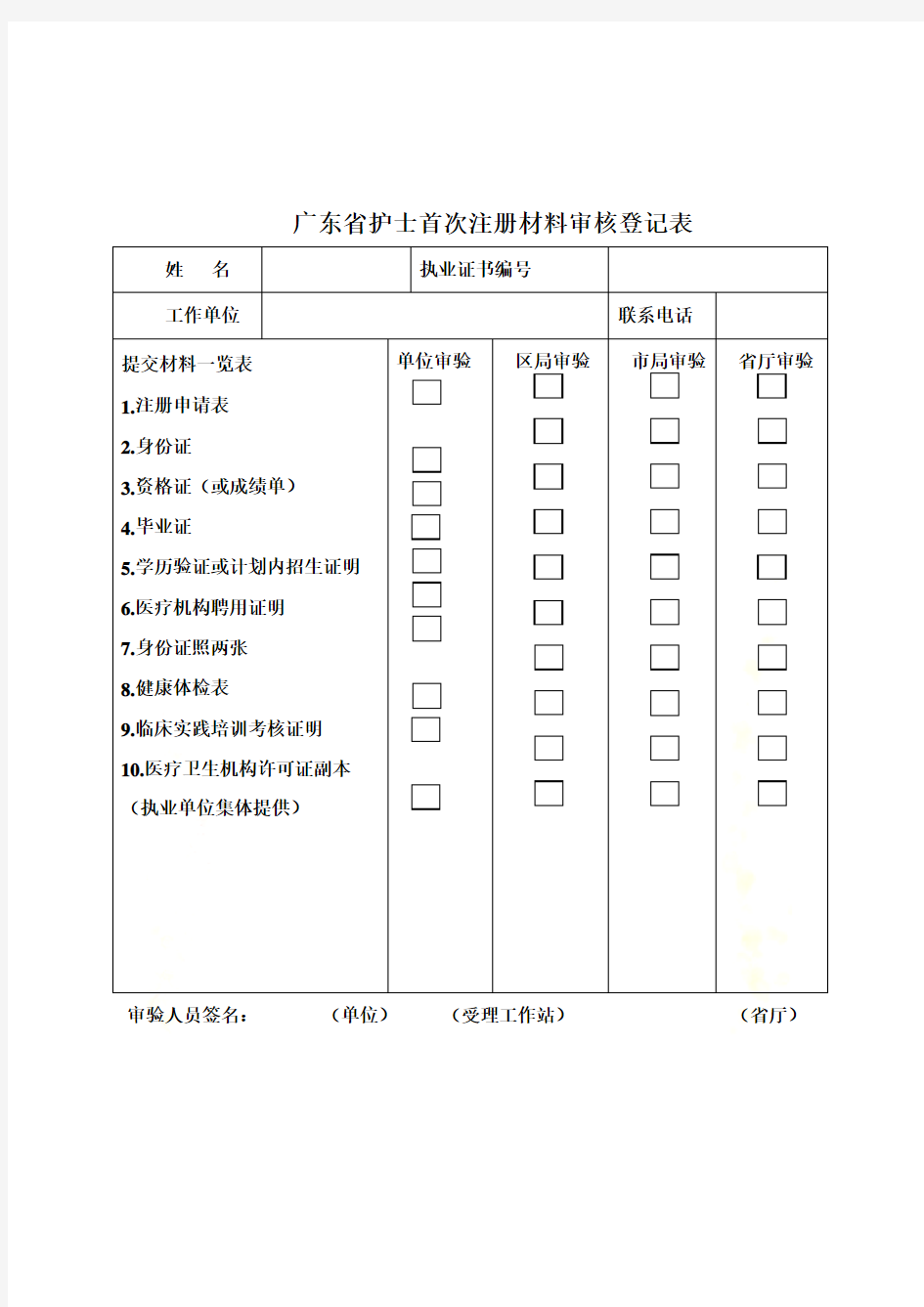 广东省护士首次注册材料审核登记表