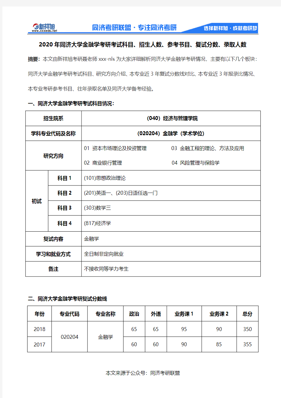 2020年同济大学金融学考研考试科目、招生人数、参考书目、复试分数、录取人数