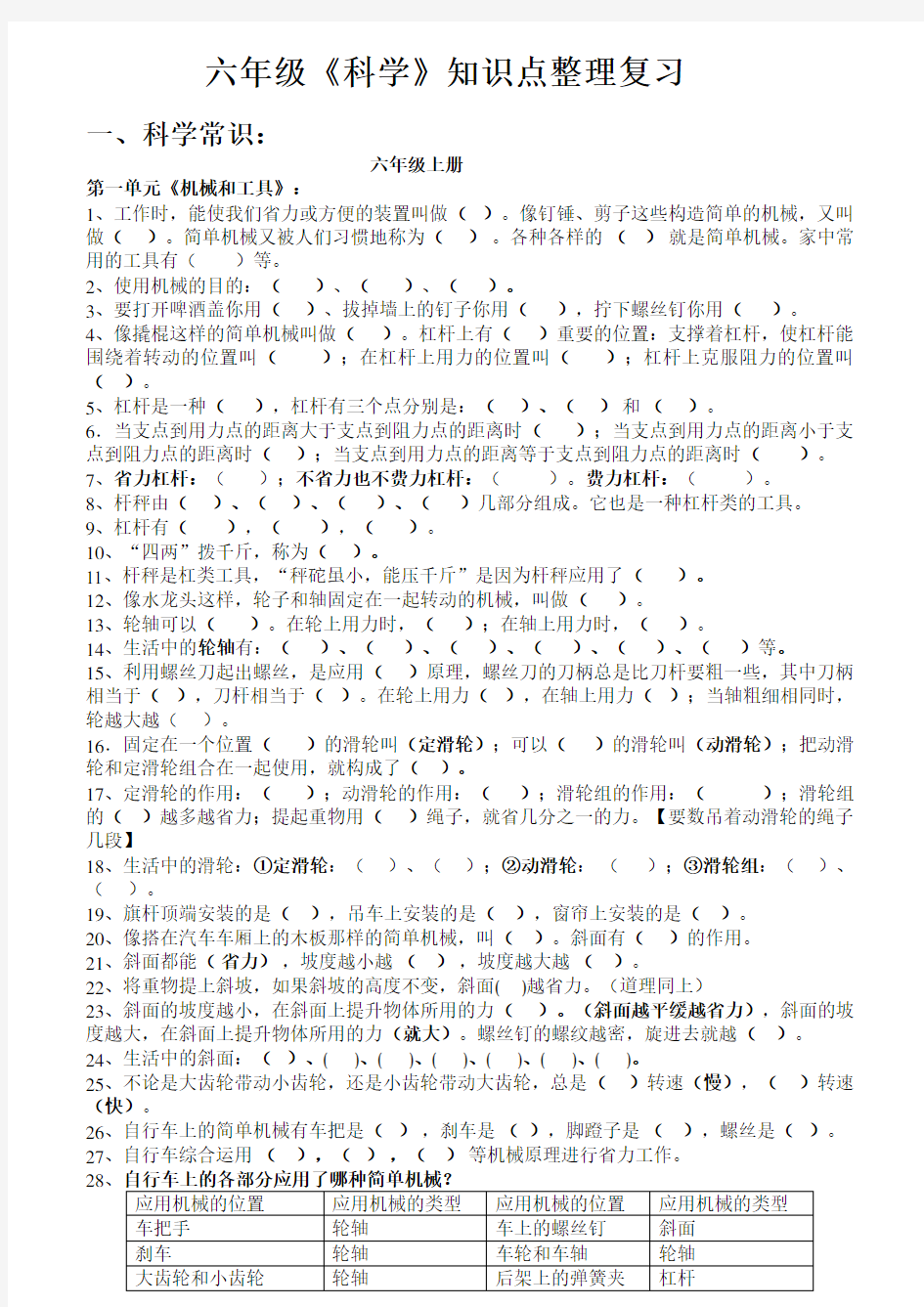 六年级上册科学知识主要内容