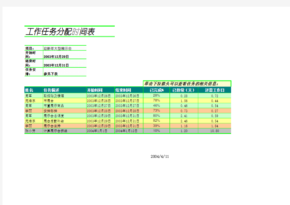 工作任务分配时间表excel模版 