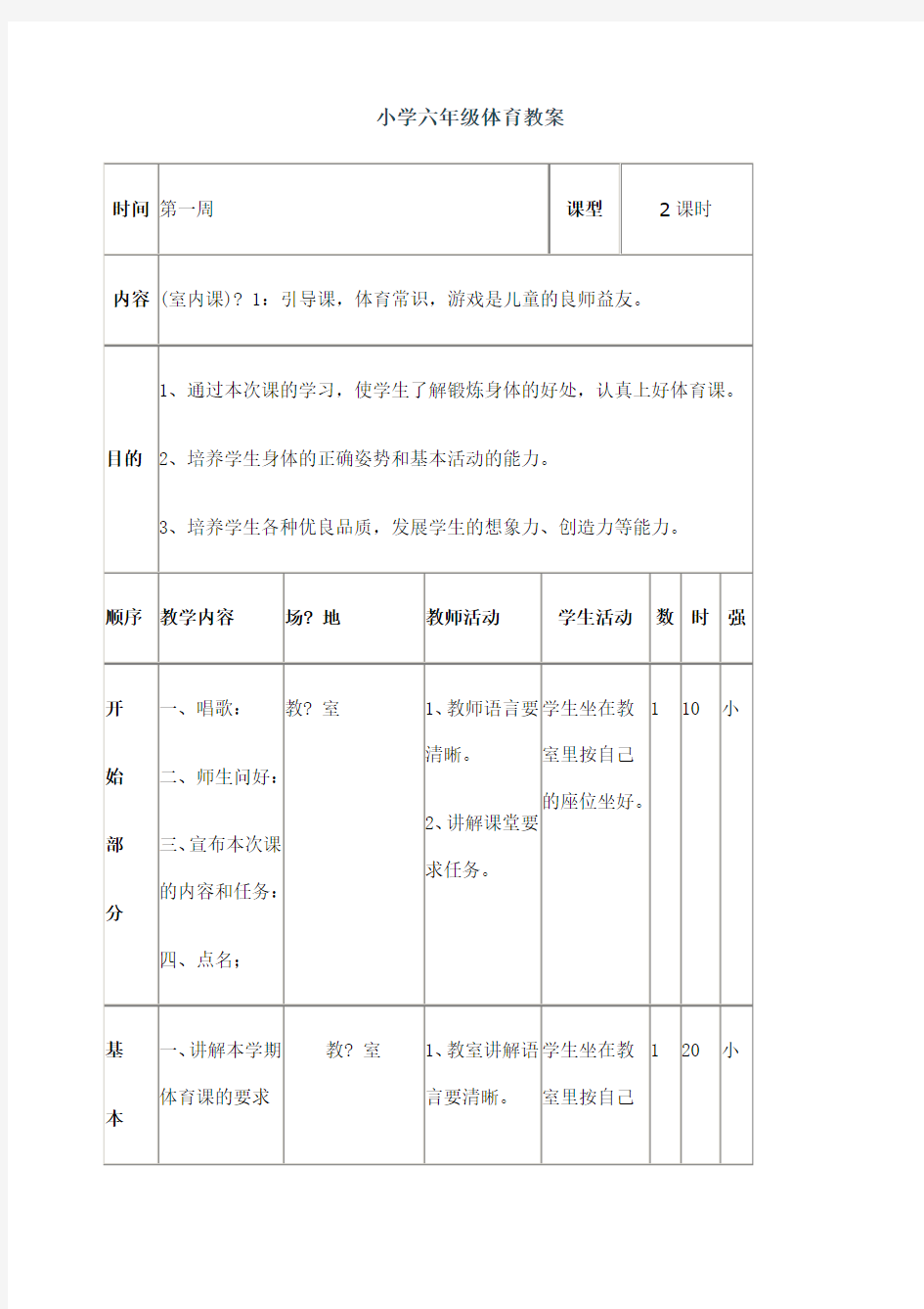 小学六年级体育教案课程全集