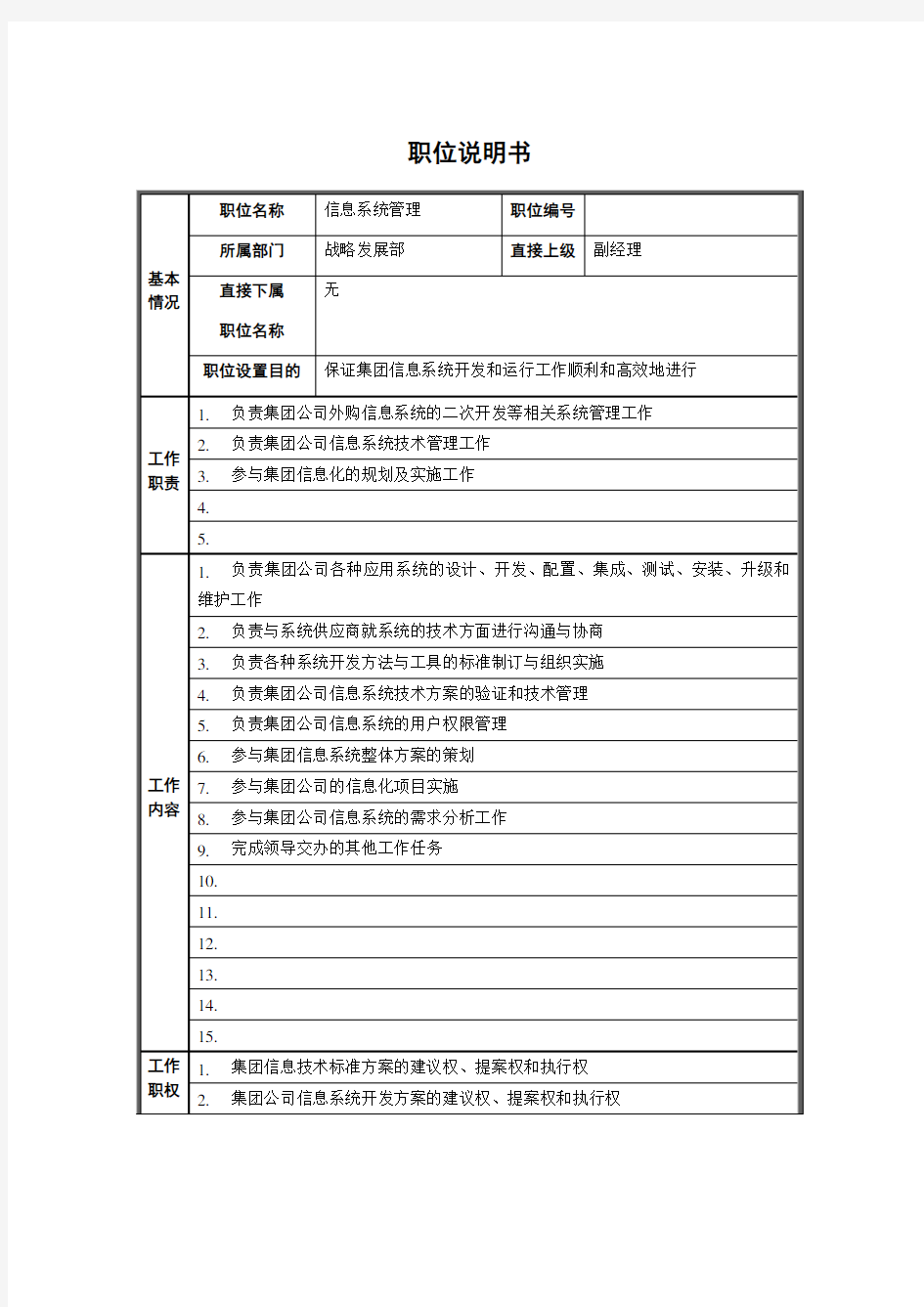 战略发展部-信息系统管理职位说明书