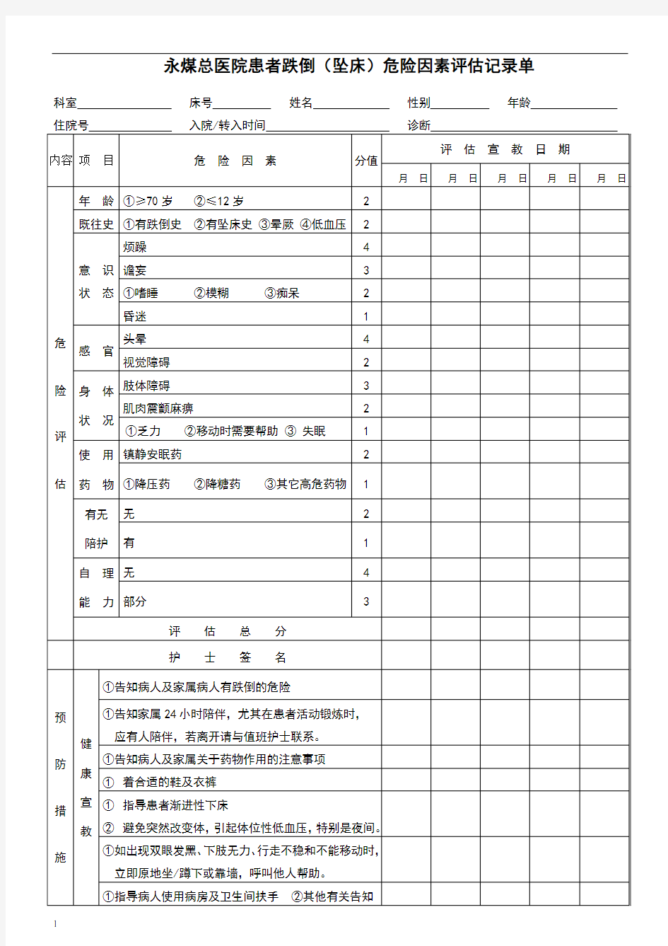 跌倒(坠床)危险因素评估表