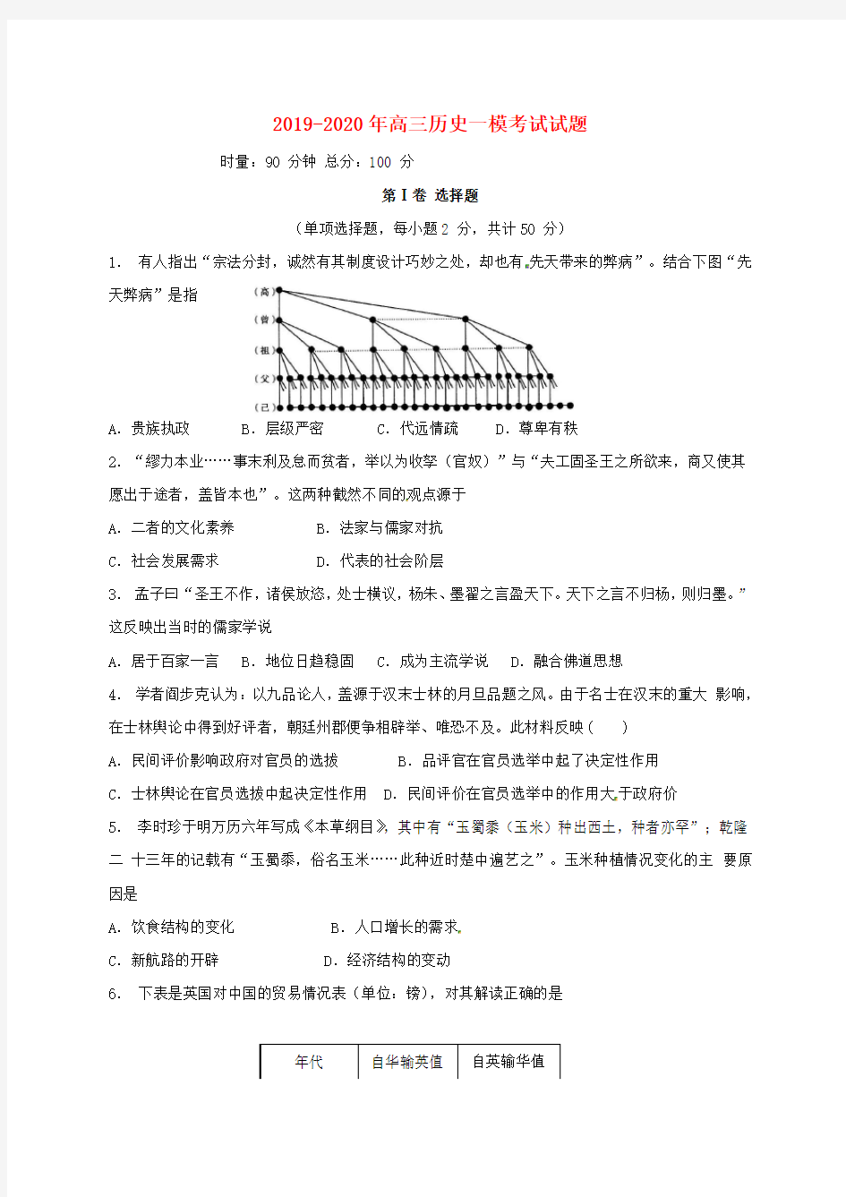 2019-2020年高三历史一模考试试题