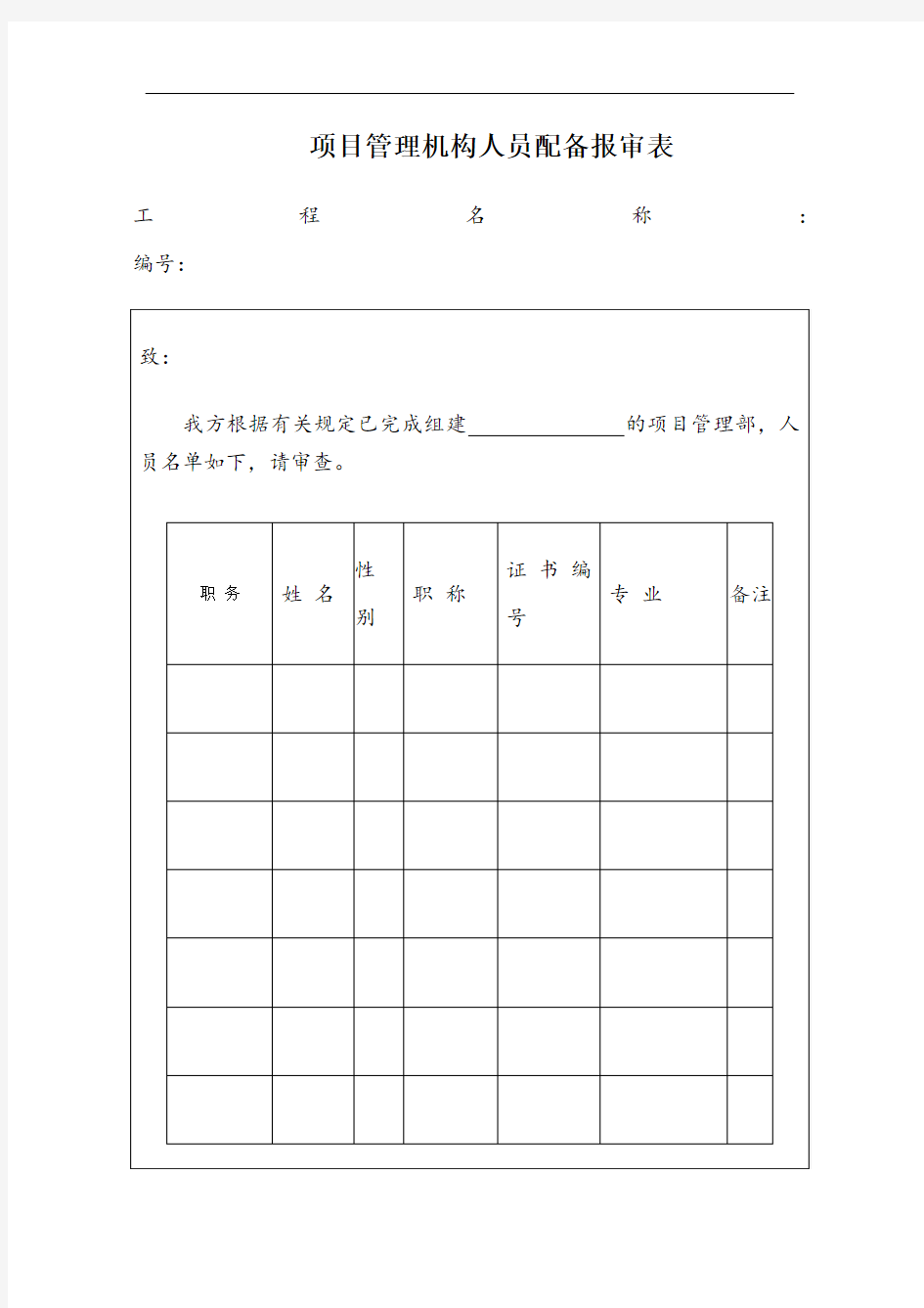 项目管理机构人员配备报审表