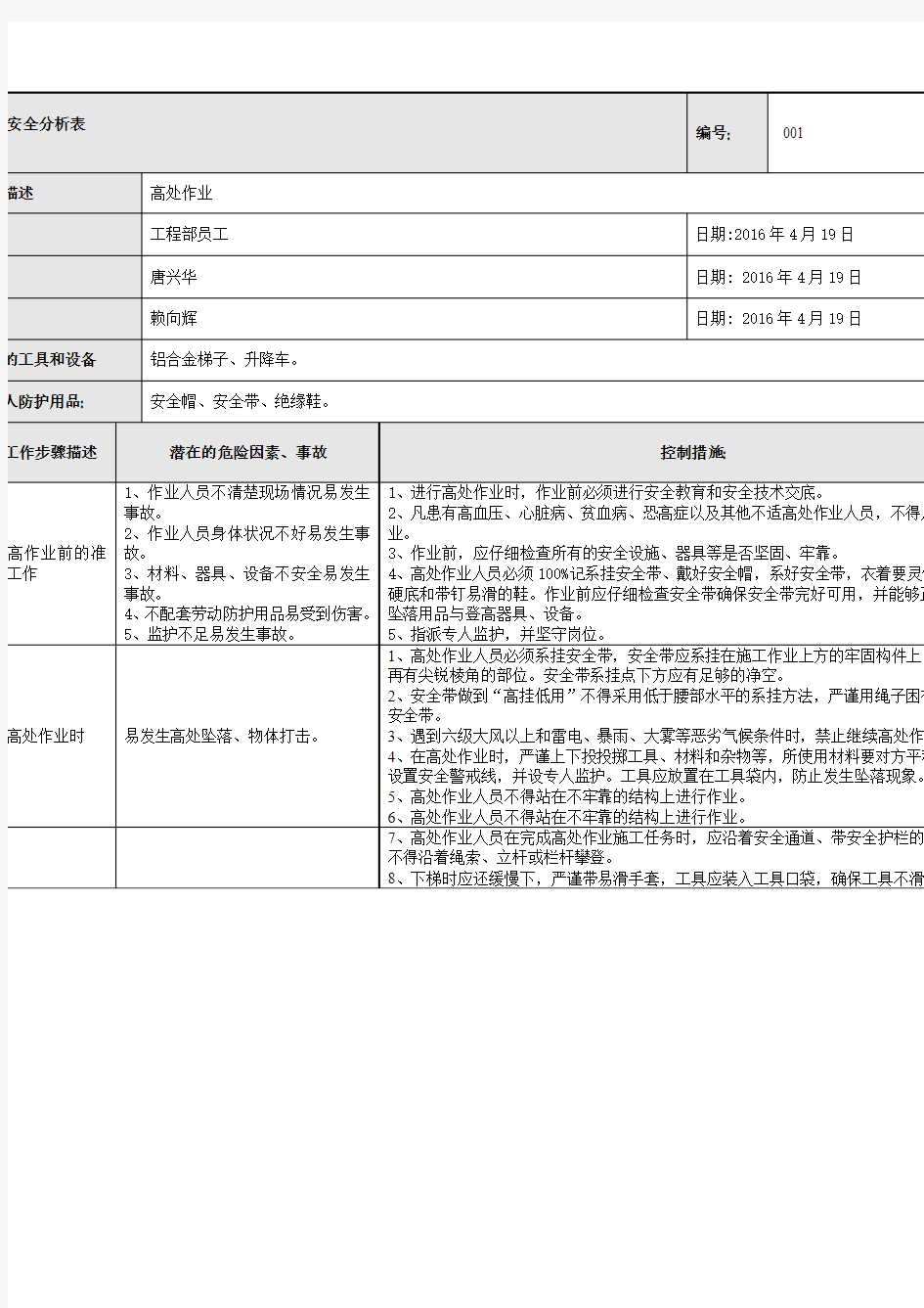 高处作业JSA作业安全分析表