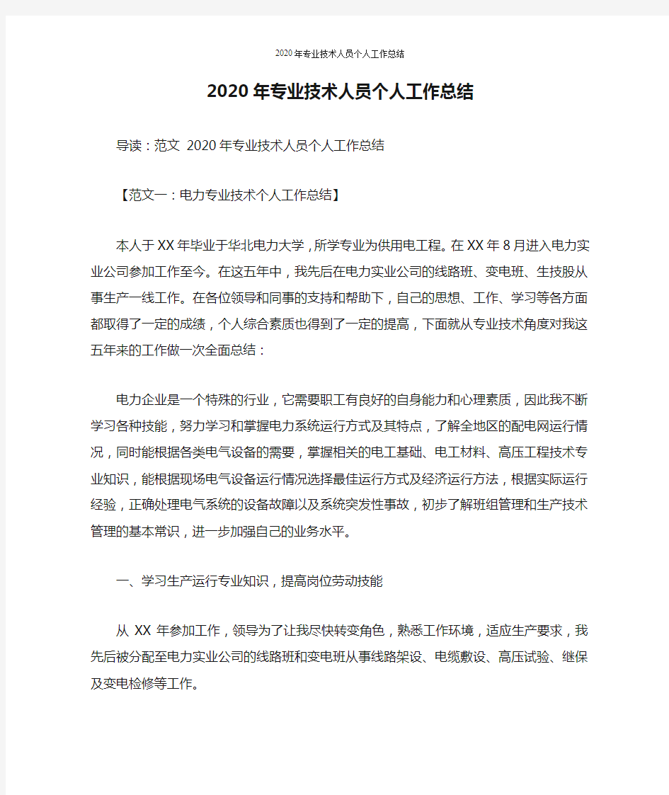 2020年专业技术人员个人工作总结