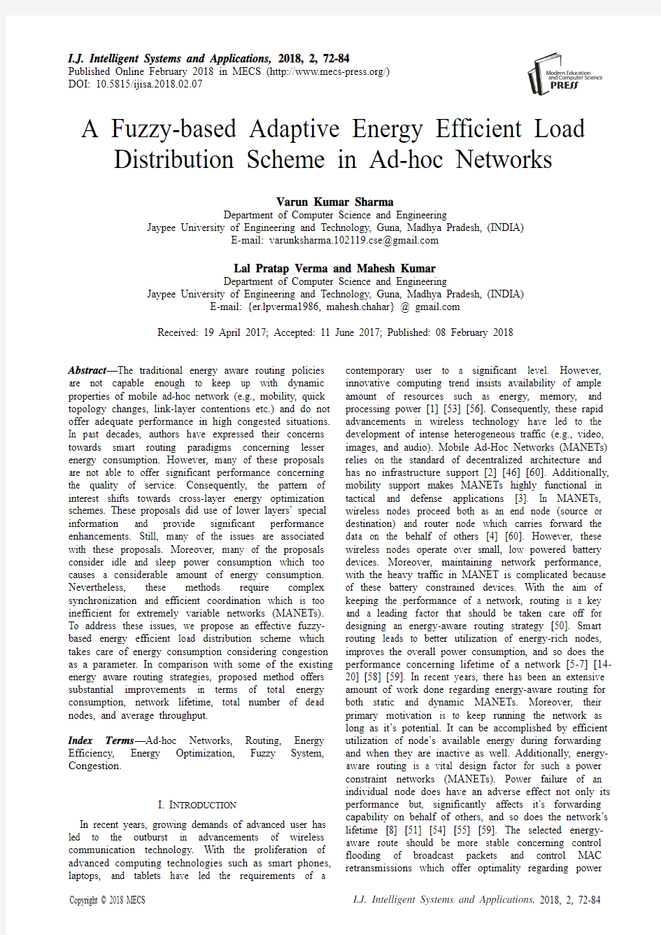 Ad Hoc网络中一种基于模糊的自适应能量分配方案(IJISA-V10-N2-7)