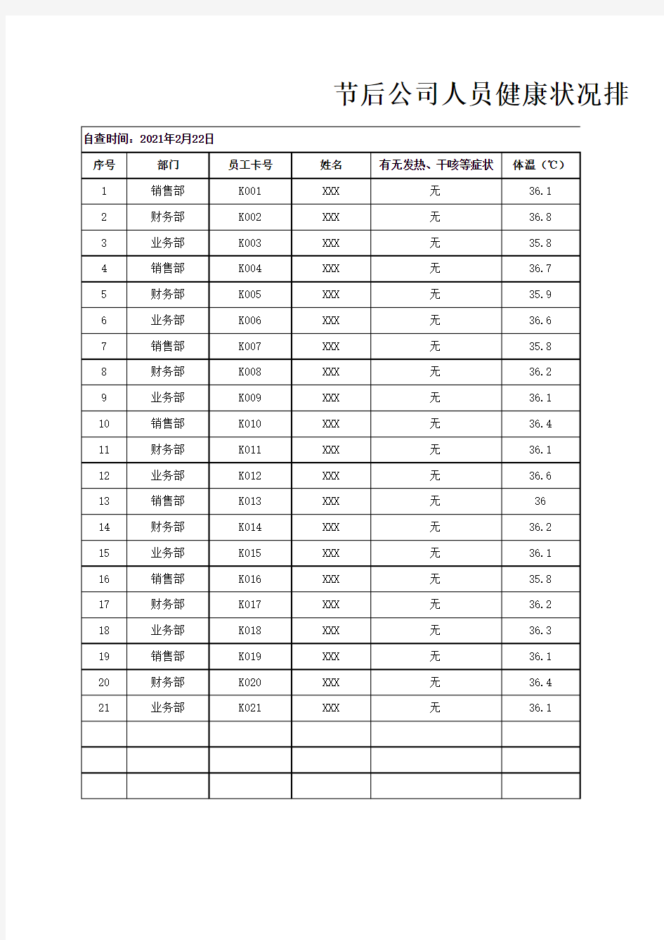 节后公司人员健康状况排查日报表Excel模板