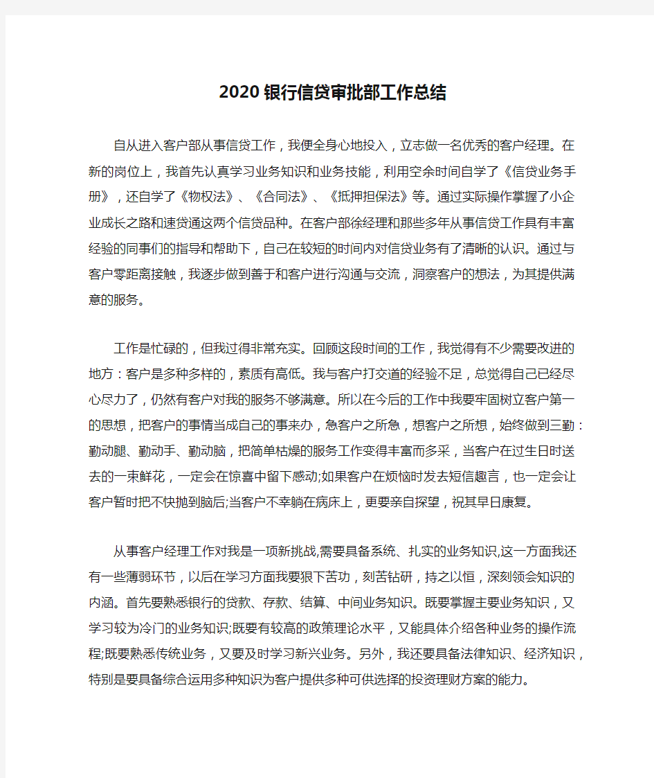 2020银行信贷审批部工作总结