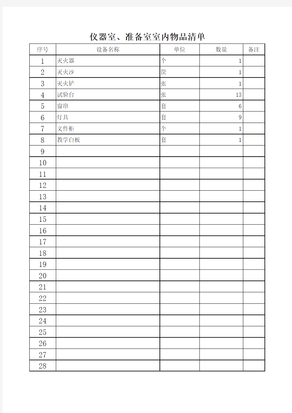 物品清单科学教室