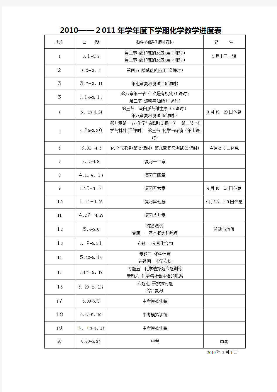 九年级化学教学进度表