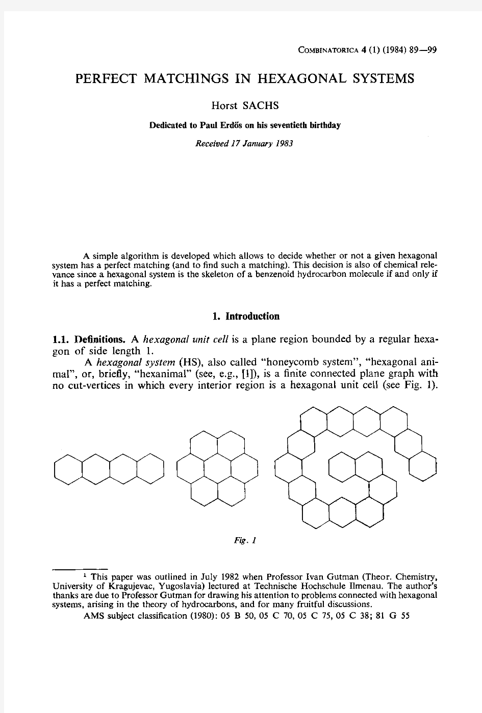 PERFECT MATCH1NGS IN HEXAGONAL SYSTEMS 1984年组合杂志