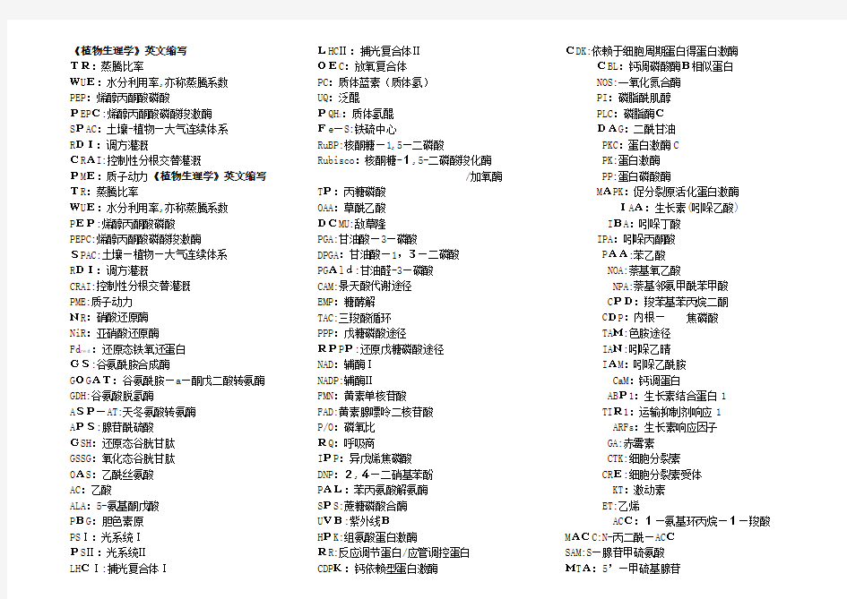 《植物生理学》英文缩写