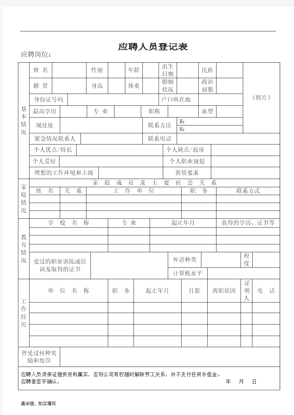 (完整版)应聘人员登记表模板