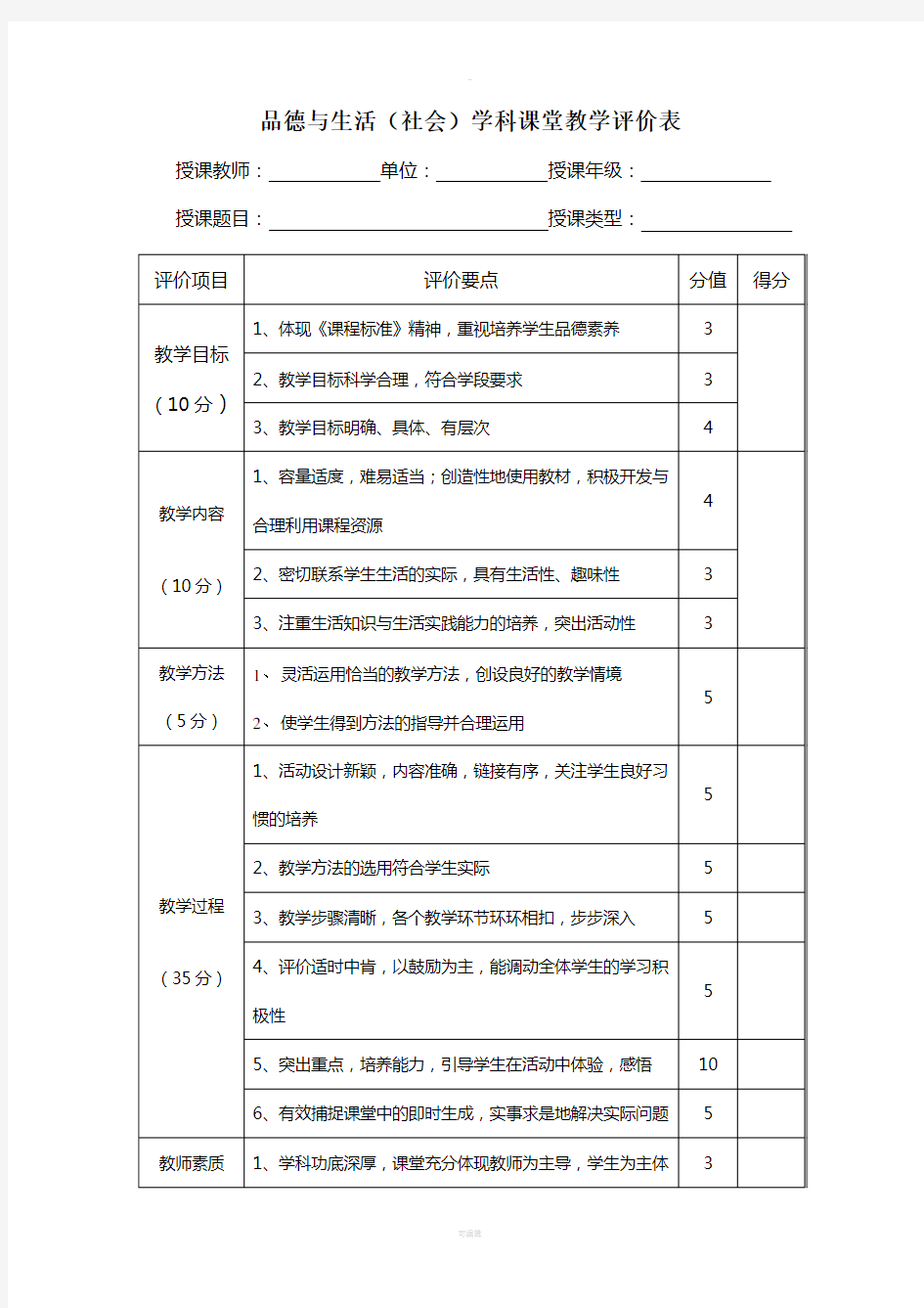 各学科课堂教学评价标准