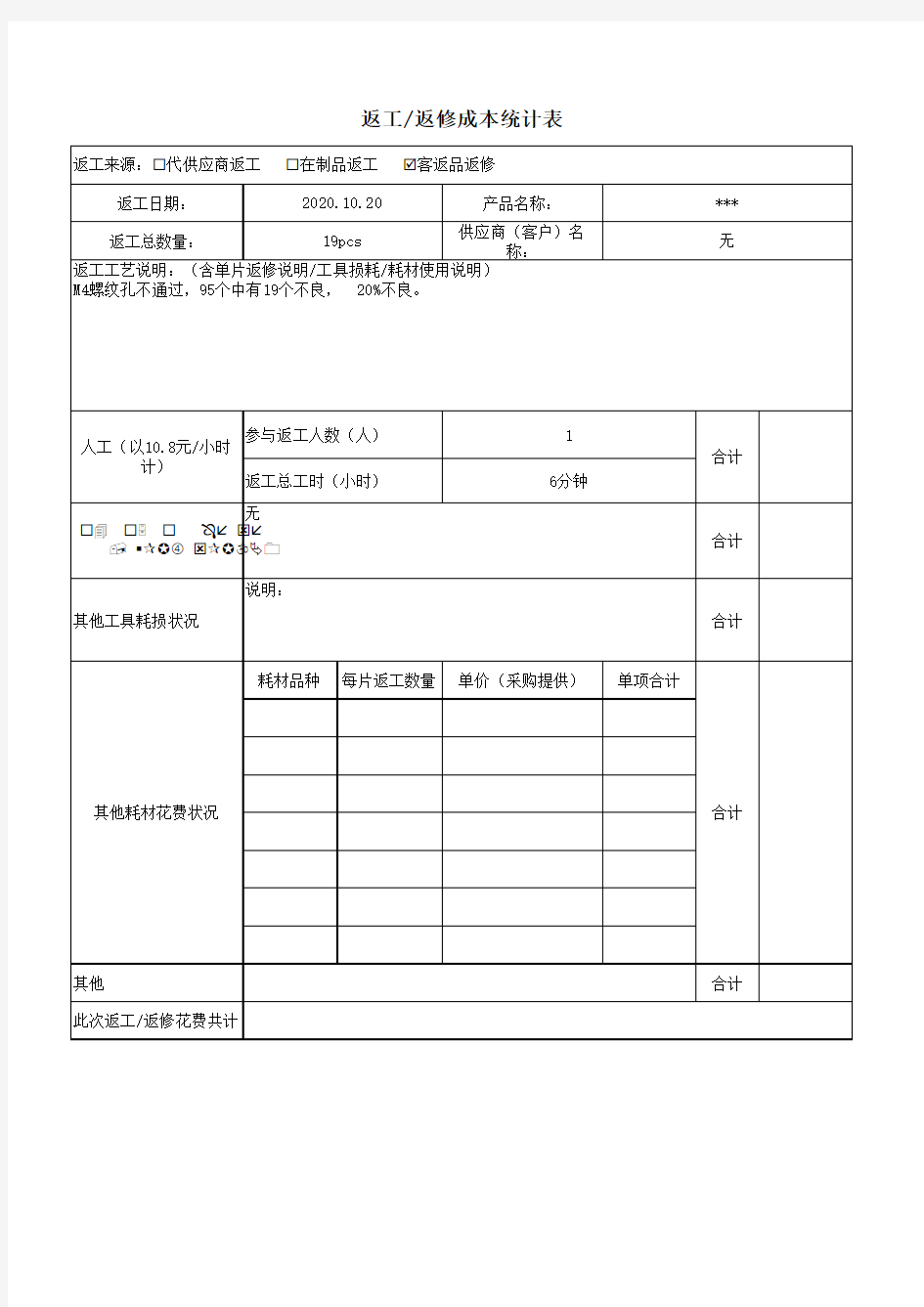 返工返修成本统计表