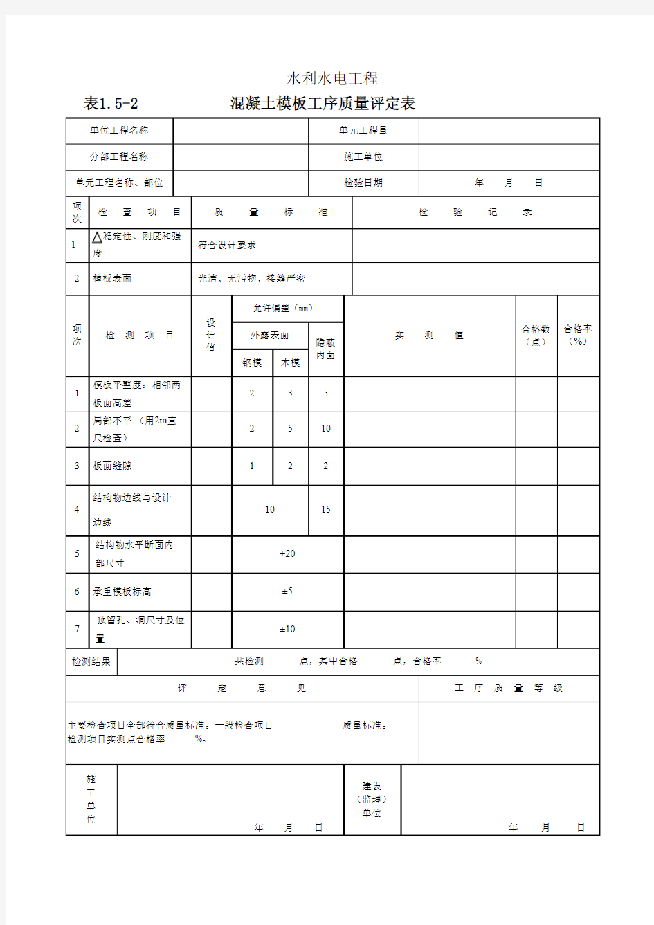 砼模板工序质量评定表