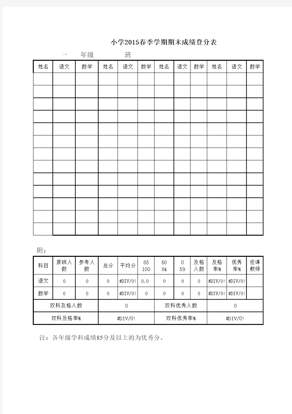 学校学生考试成绩登分表