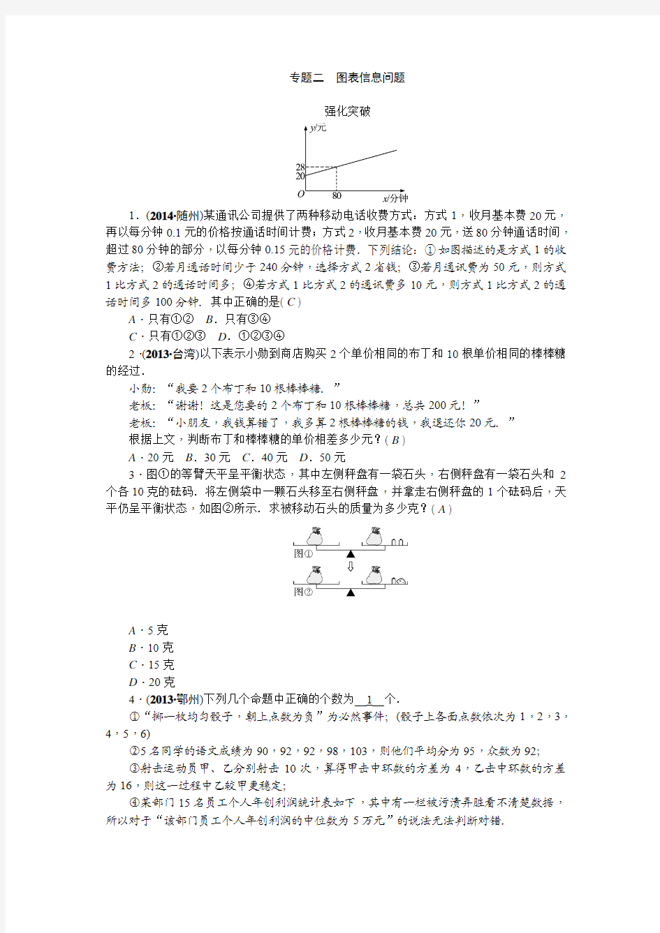 2015年内蒙古呼和浩特地区中考数学练习：专题2 图表信息问题