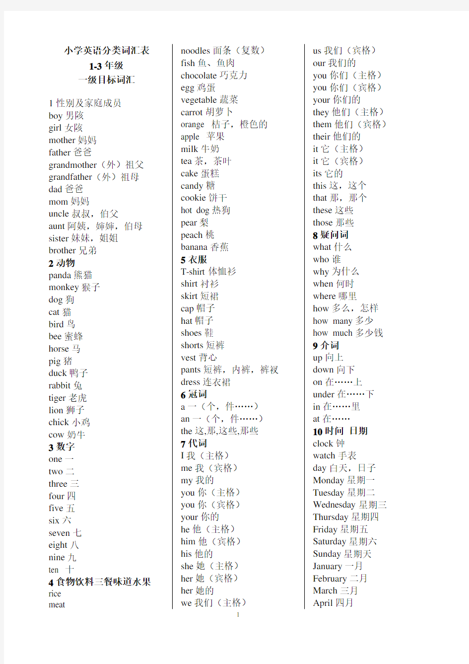 小学英语分类词汇表(1-3年级)