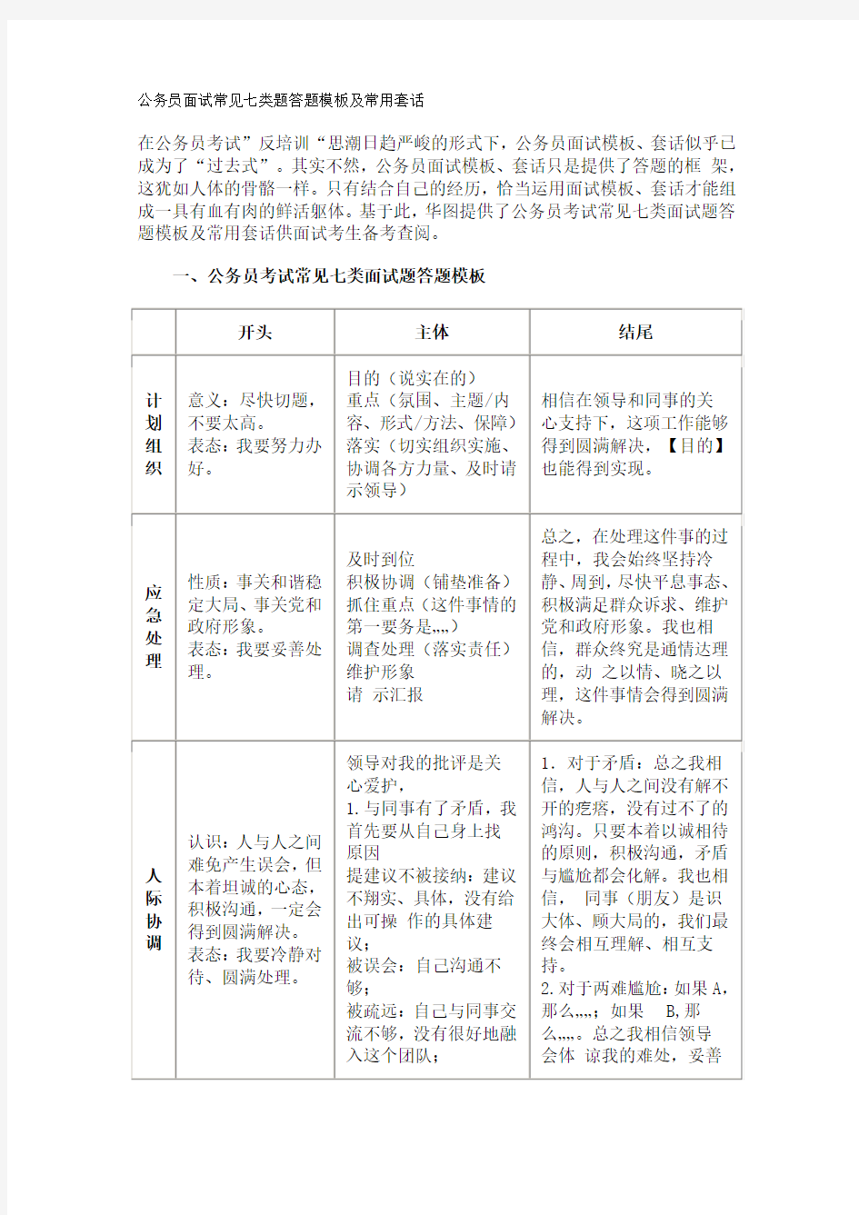 公务员面试常见七类题答题模板及常用套话