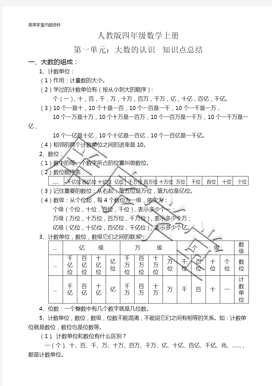 人教版四年级数学上册第一单元大数的认识知识点