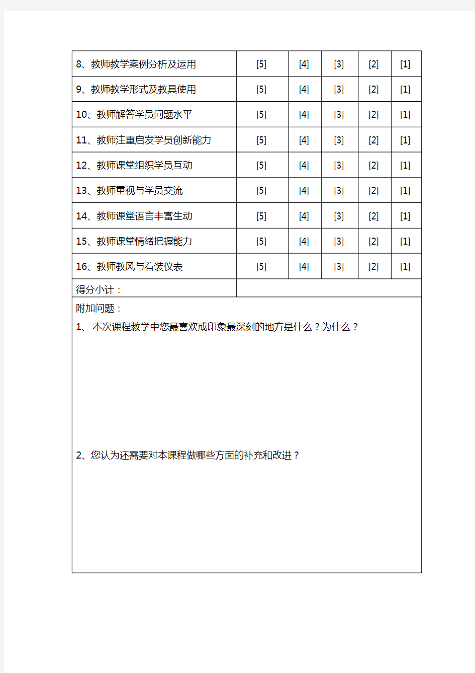 培训班教学质量测评表