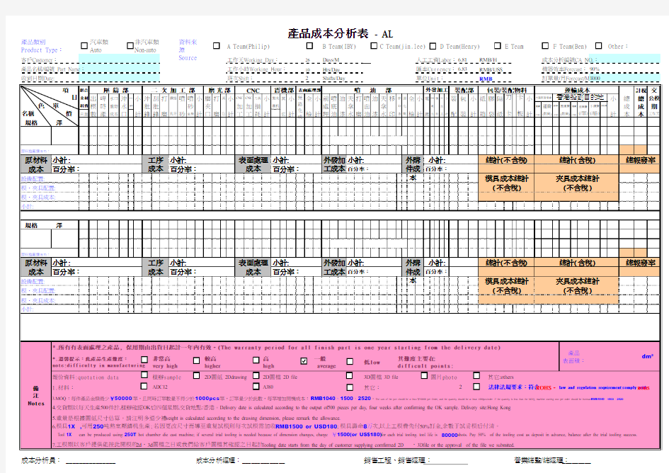 产品成本分析表  - AL Rev04