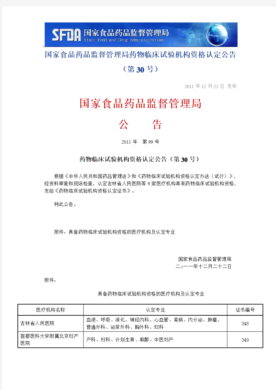 20111223 国家食品药品监督管理局药物临床试验机构资格认定公告(第30号)