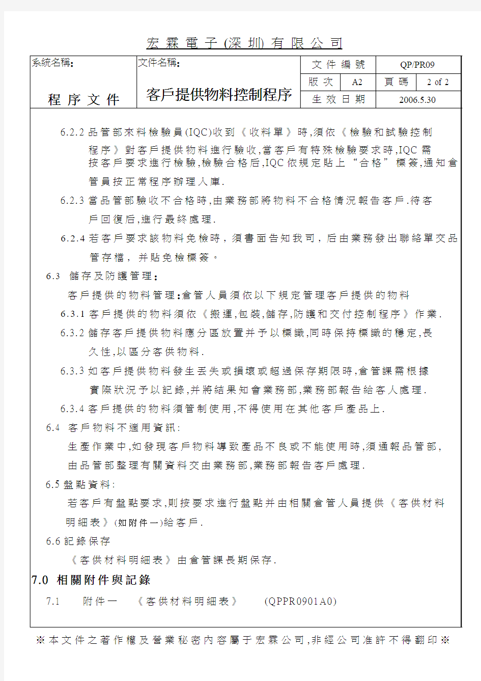 客户提供物料控制程序