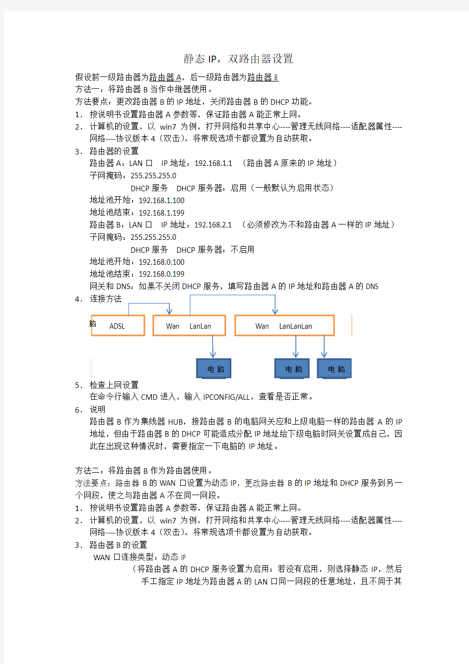 静态IP,如何设置双路由器