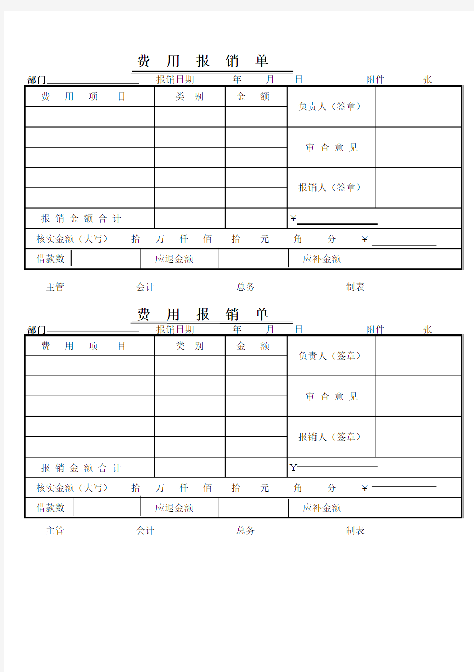 费用报销单模板